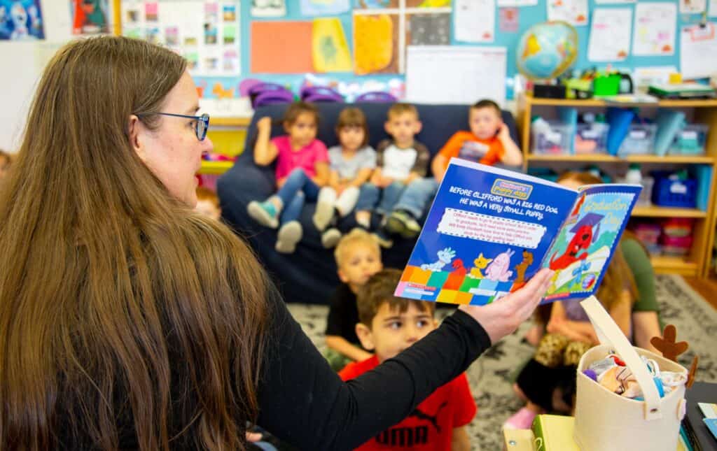 Teacher reading to classroom Head Start Yellowstone and Carbon counties